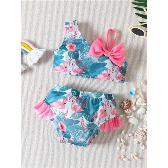 Girls' Fashion Bikini Set with Off-Shoulder Bow, Flamingo, 9-12 Months Old - Picture 1 of 9